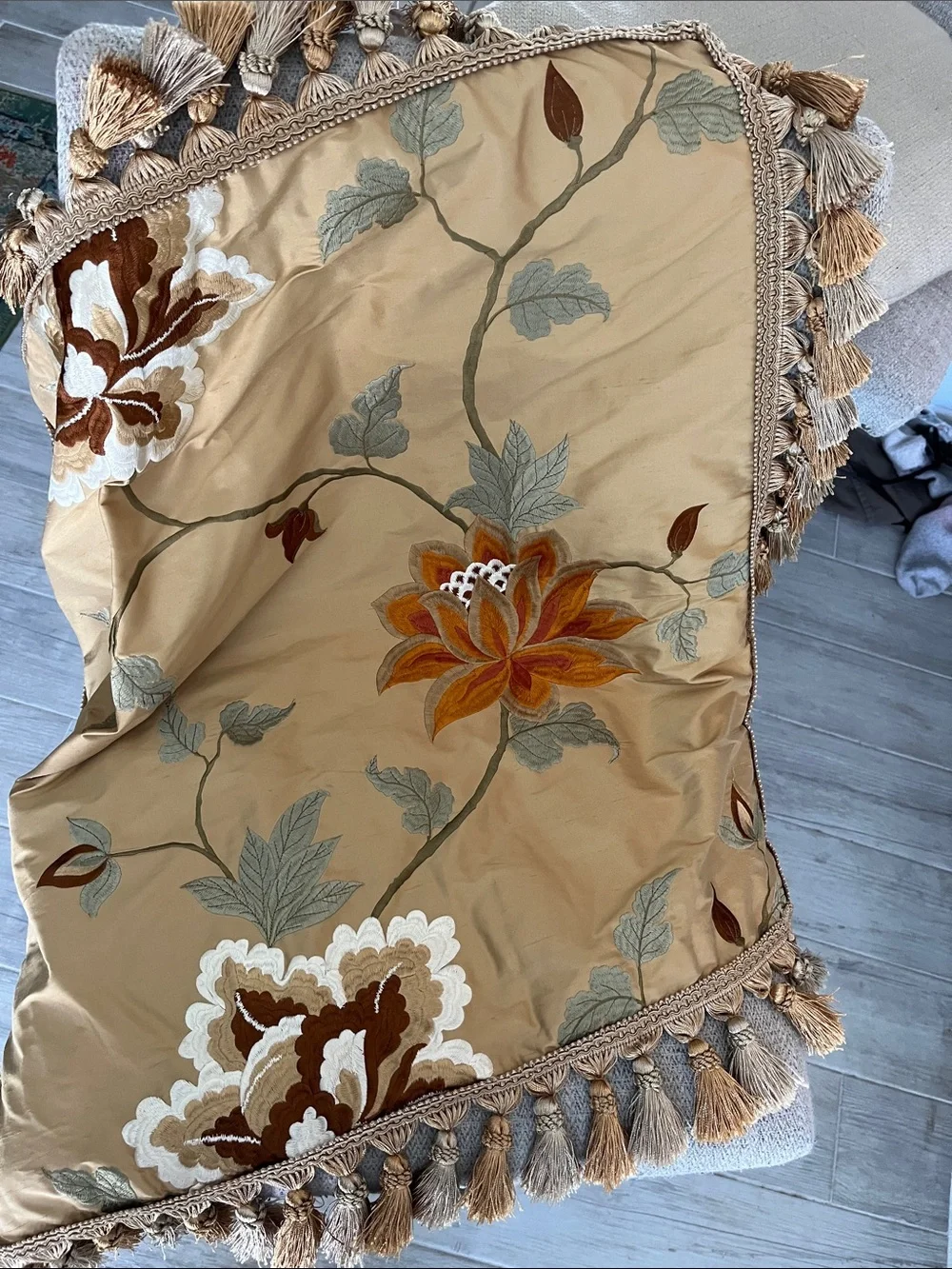 Large handcrafted  square floral embroidered oversize pillow sham   Thick tassel
